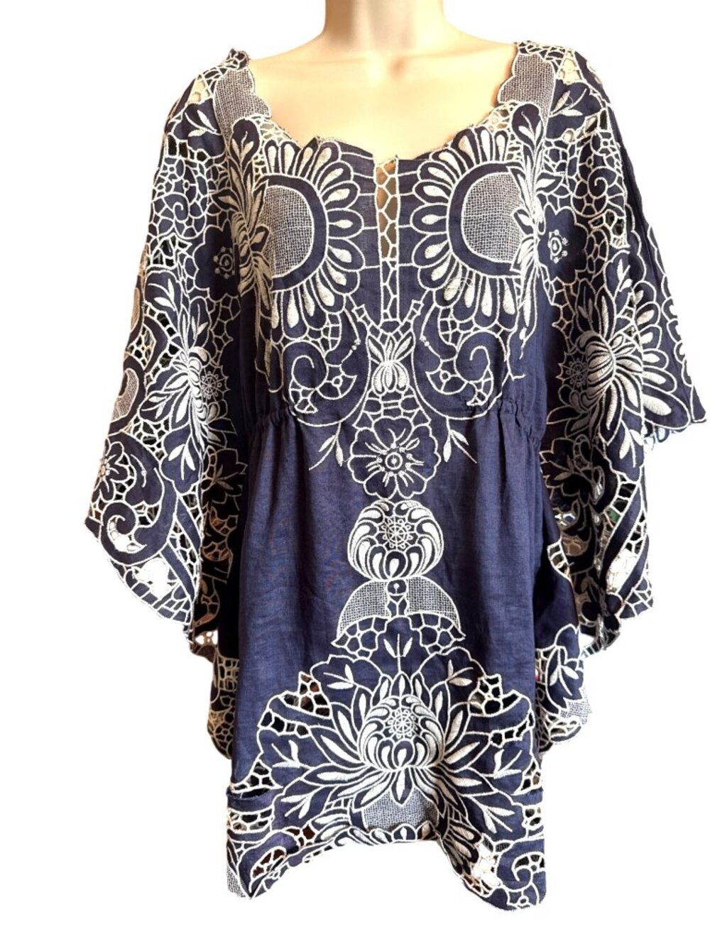 Yoana Baraschi Linen Tunic Top L Navy Floral Batwing Boho Artsy Coastal Grandma